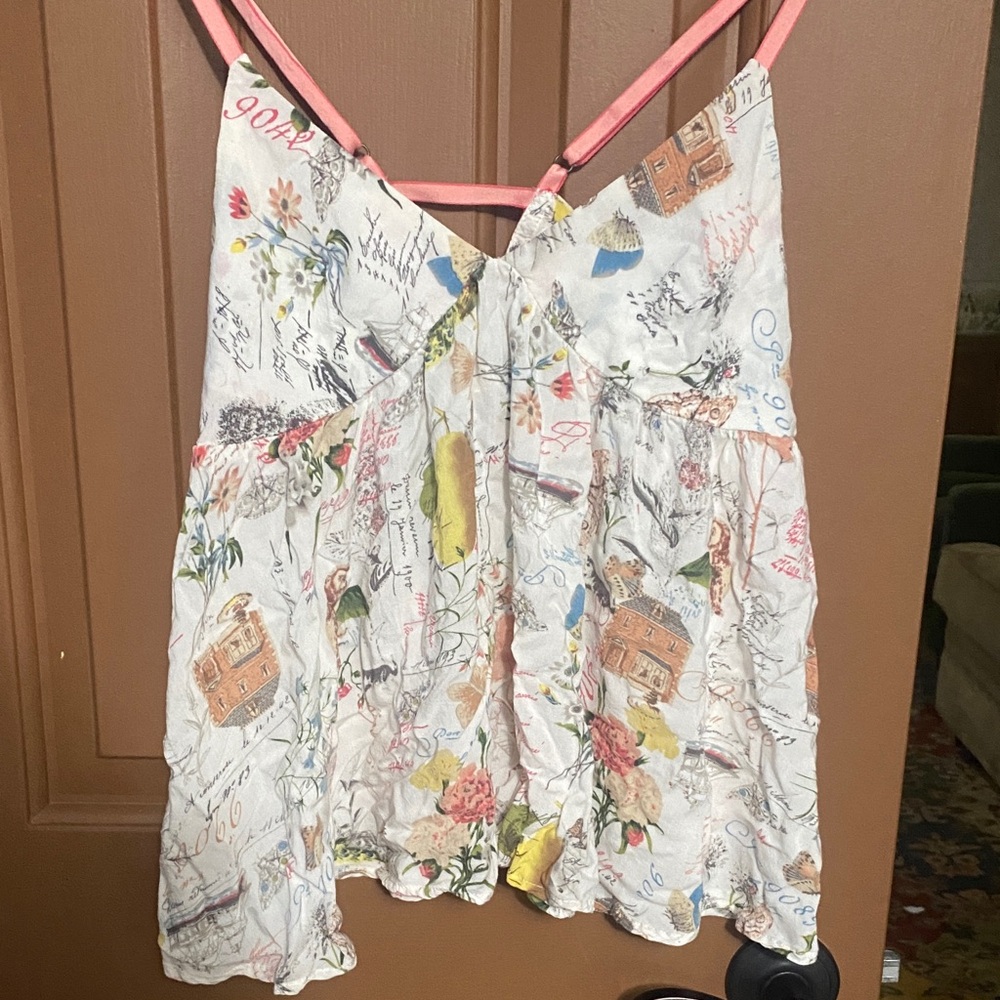 Anthropologie size S Razorback blouse, butterfly cat peacock owl print